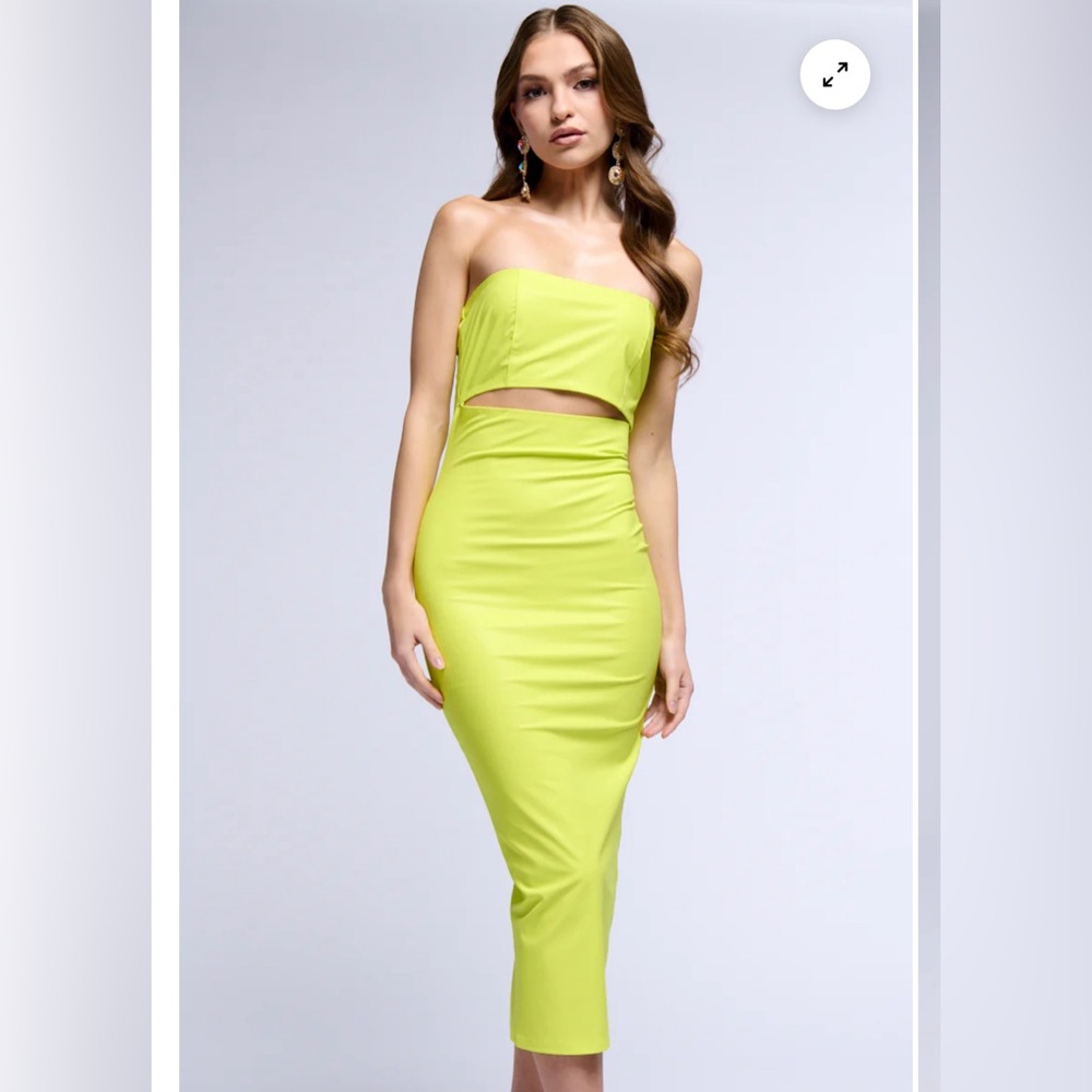 Dress w/ Cut Out In Lime Sm stretchy faux leather mid length sexy torso cut out.